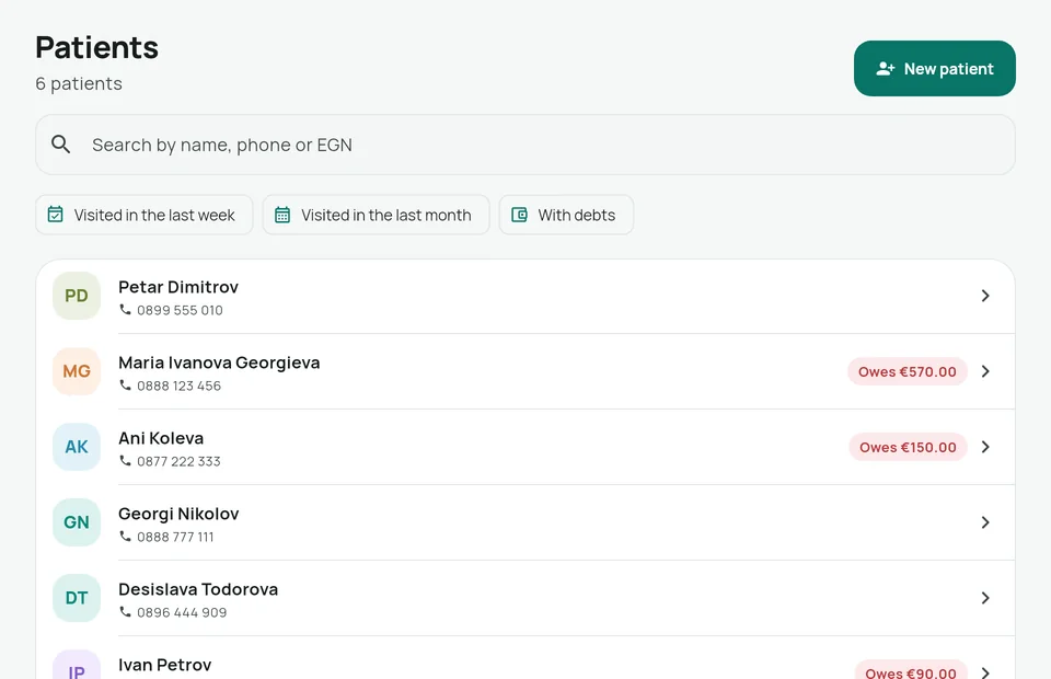 Zabcho's patient list with search and filters for recent visits and debts.