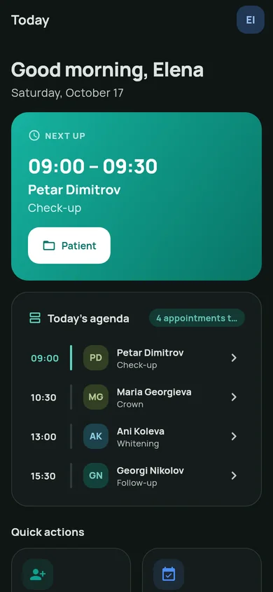 Zabcho's home screen on a phone: the next patient and the day's agenda.