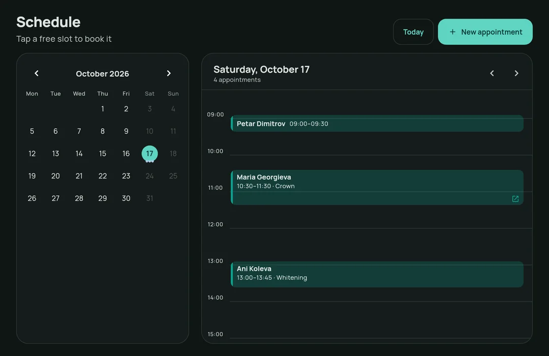 Zabcho's schedule in dark theme on a computer and a patient file on a phone.