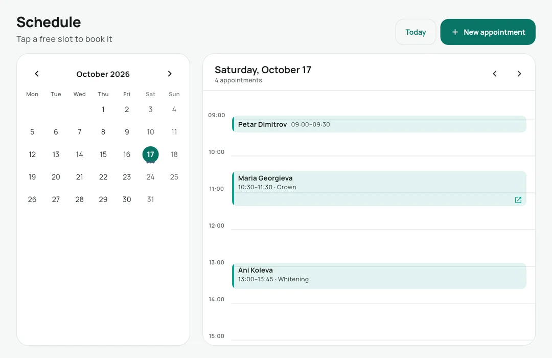 Zabcho's day schedule: a calendar and the day's patient appointments.